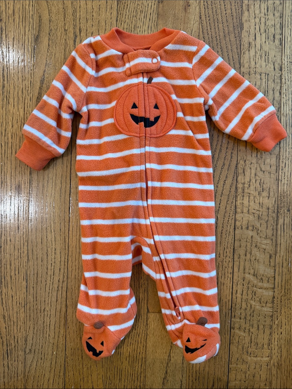 Orange Striped Pumpkin Footed One-Piece Baby Newborn Fleece EUC